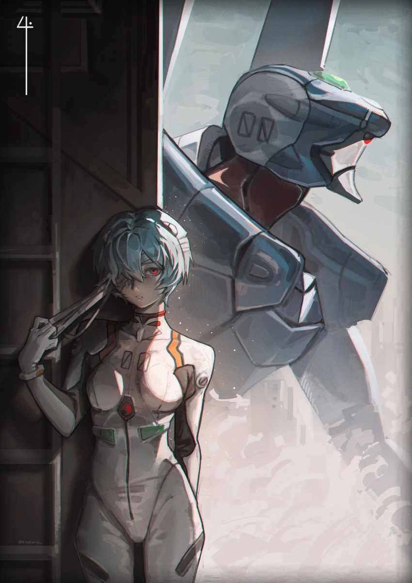 1girl, ayanami_rei, bandaged_head, bandages, blue_hair, bodysuit, breasts, commentary