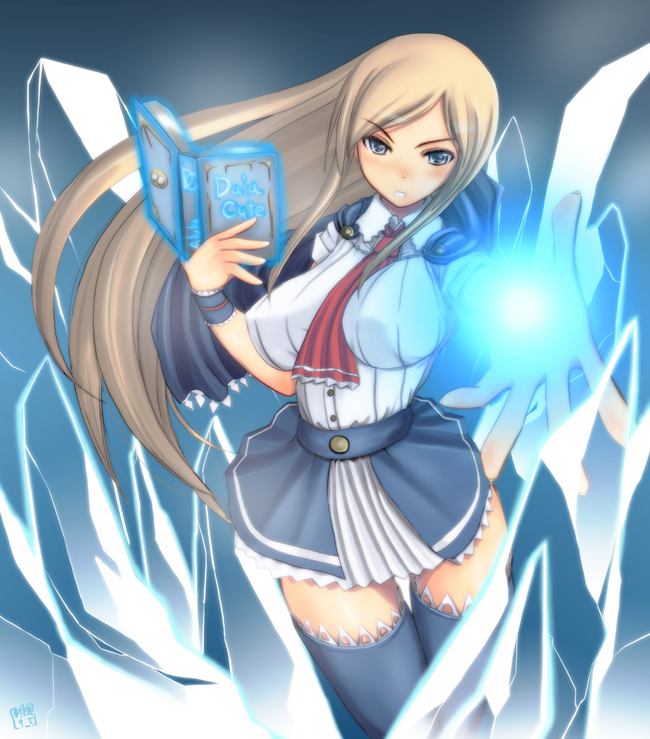 1girl, akumajo_dracula, blue_eyes, blue_legwear, blue_thighhighs, blush, book, breasts