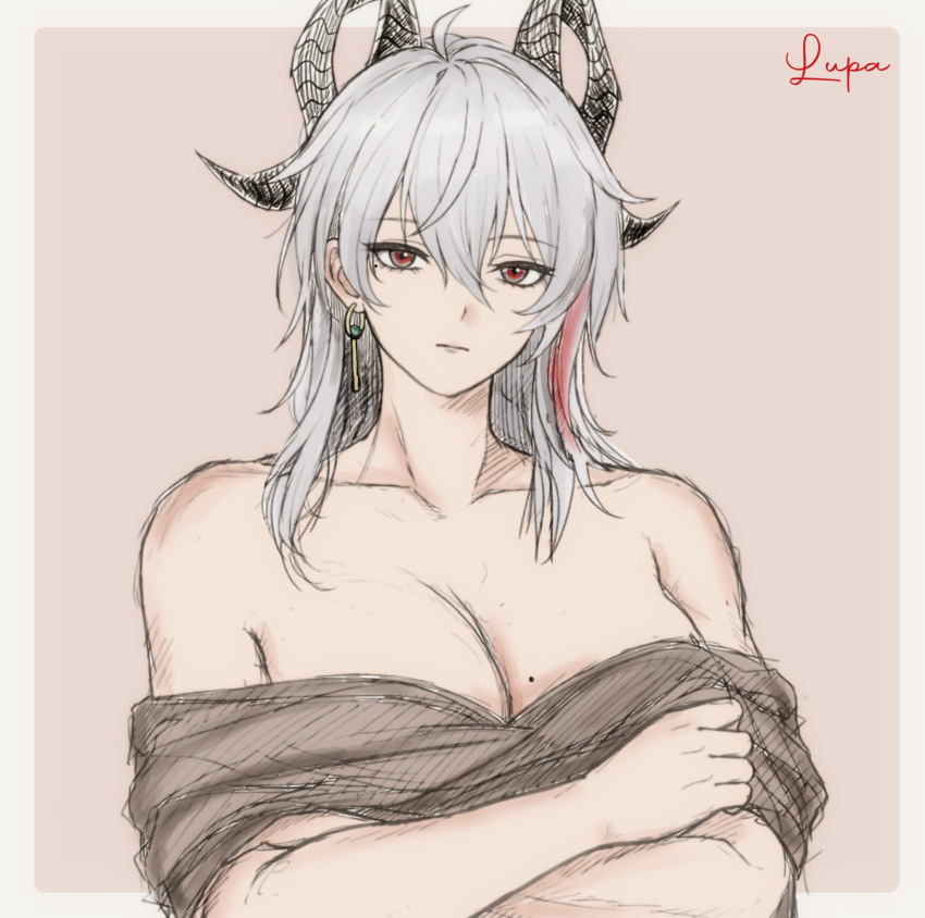 1girl, artist_name, black_horns, breasts, brown_background, brown_sweater, crossed_arms, curled_horns, earrings, grey_hair, hair_between_eyes, highres, horns, jewelry, key_earrings, large_breasts, long_hair, looking_at_viewer, mole, mole_on_breast, red_eyes, scarletlupa, simple_background, solo, sweater, two-tone_background, white_background, wuthering_waves, zani_(wuthering_waves)