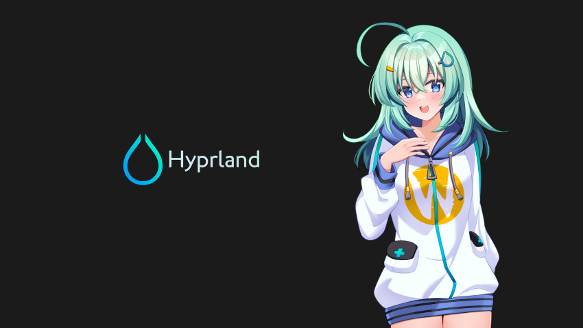 1girl, :d, absurdres, ahoge, aqua_hair, arm_behind_back, artist_request, blue_eyes, blue_trim, blush, breasts, copyright_logo, copyright_name, cowboy_shot, grey_background, hair_between_eyes, hair_ornament, hairclip, hand_on_own_chest, highres, hood, hood_down, hoodie, hyprland, logo, long_hair, long_sleeves, original, simple_background, small_breasts, smile, solo, standing, straight-on, wayland_(software), white_hoodie