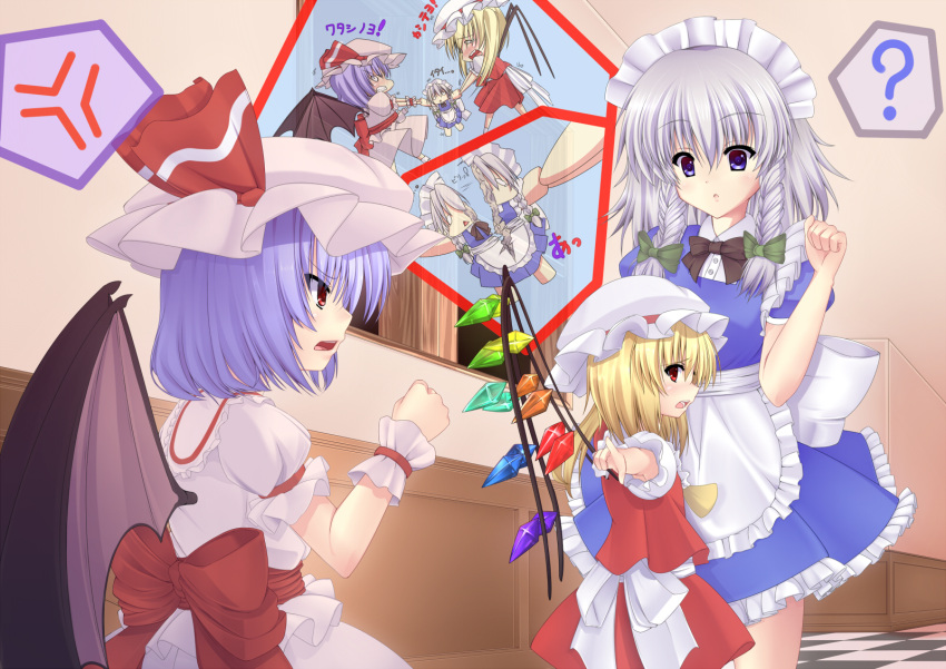 ?, anger_vein, apron, blonde_hair, blue_eyes, blue_hair, bow, bowtie