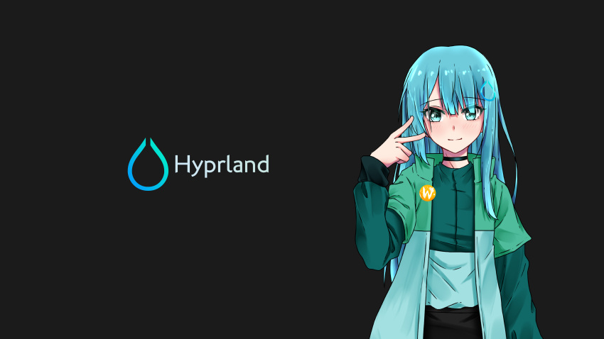 1girl, absurdres, aqua_eyes, aqua_jacket, aqua_shirt, artist_request, black_pants, blue_hair, blunt_bangs, choker, copyright_logo, copyright_name, cowboy_shot, green_choker, green_jacket, green_shirt, hair_ornament, hairclip, hand_up, highres, hyprland, jacket, logo, long_hair, long_sleeves, looking_at_viewer, multicolored_jacket, open_clothes, open_jacket, original, pants, shirt, short_sleeves, smile, solo, split-color_clothes, split_mouth, straight-on, straight_hair, two-tone_jacket, two-tone_shirt, v, wayland_(software)