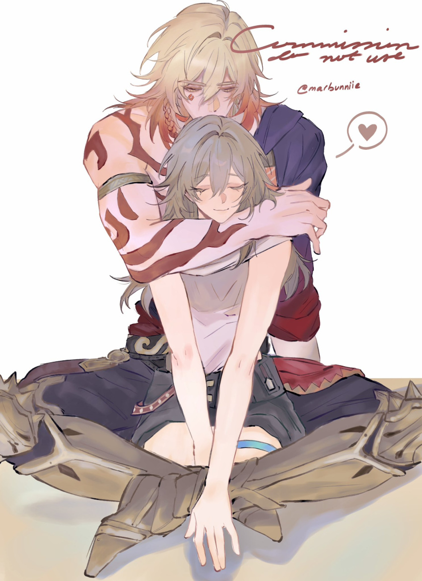 1boy, 1girl, arm_tattoo, armlet, armor, blonde_hair, body_markings, braid