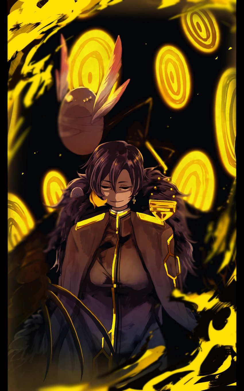 1girl, absurdres, bandages, bandages_over_eyes, big_bird_(project_moon), binah_(project_moon), bird, black_cape, black_eyes, cape, claws, commentary, english_commentary, extra_eyes, fur_cape, half-closed_eyes, hexagon_print, highres, inumata0823, judgement_bird, library_of_ruina, lobotomy_corporation, pillarboxed, project_moon, punishing_bird, ringed_eyes, smile, standing, yellow_eyes