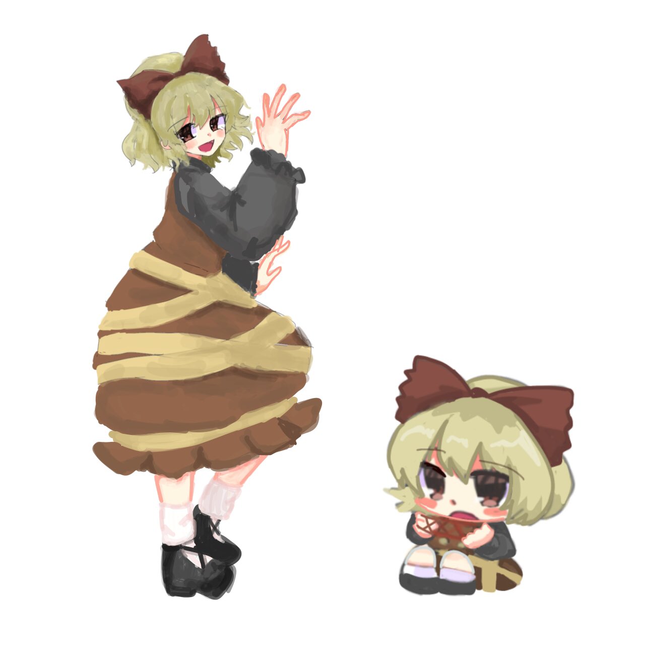 1girl, black_shoes, blonde_hair, blush, bow, brown_bow, brown_dress, brown_eyes