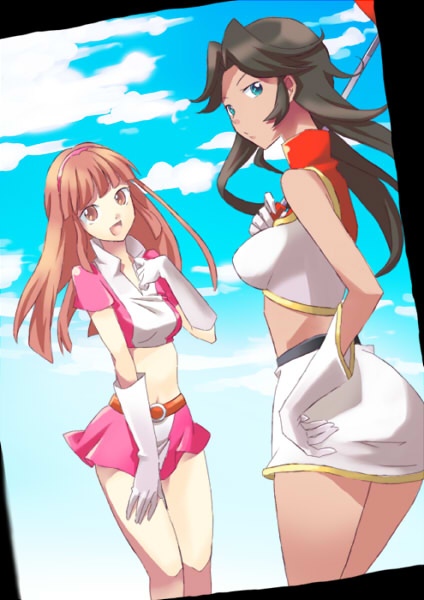 2girls, annoyed, black_hair, blue_eyes, brown_eyes, brown_hair, dark_skin, great_mazinger