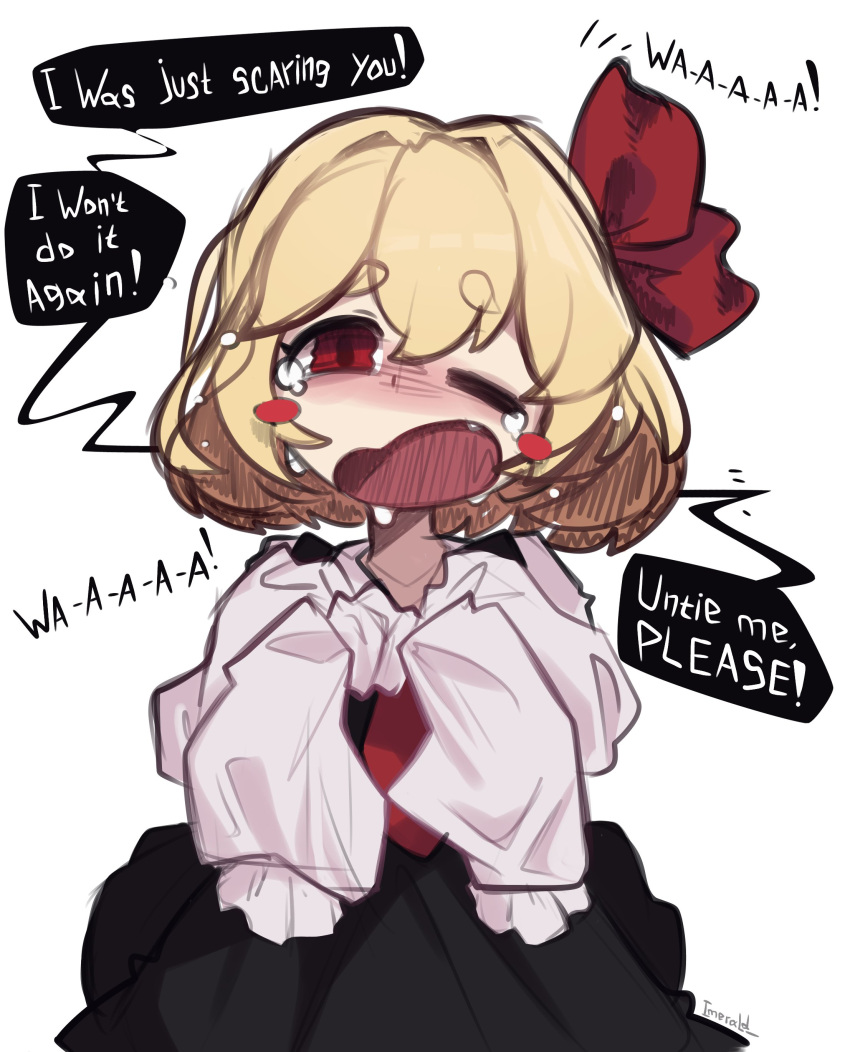 1girl, absurdres, black_skirt, black_vest, blonde_hair, blush_stickers, bow, cowboy_shot, crying, crying_with_eyes_open, english_text, hair_bow, highres, imerald, long_sleeves, looking_at_viewer, necktie, one_eye_closed, open_mouth, red_bow, red_eyes, red_necktie, rumia, sad, shirt, short_hair, simple_background, skirt, sleeves_tied_together, solo, speech_bubble, straight-on, tears, touhou, vest, white_background, white_shirt