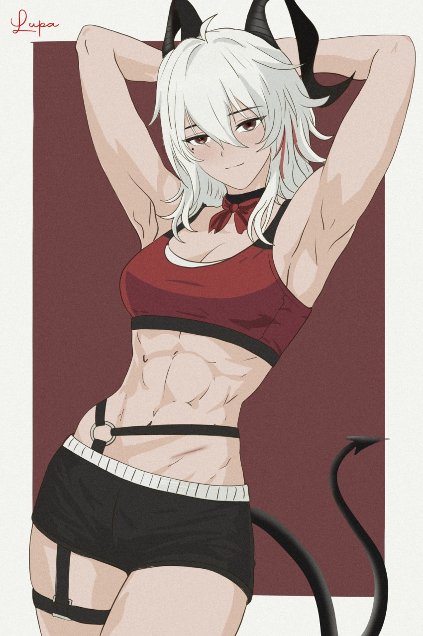 1girl, abs, armpit_crease, armpits, arms_behind_head, artist_name, black_choker, black_shorts