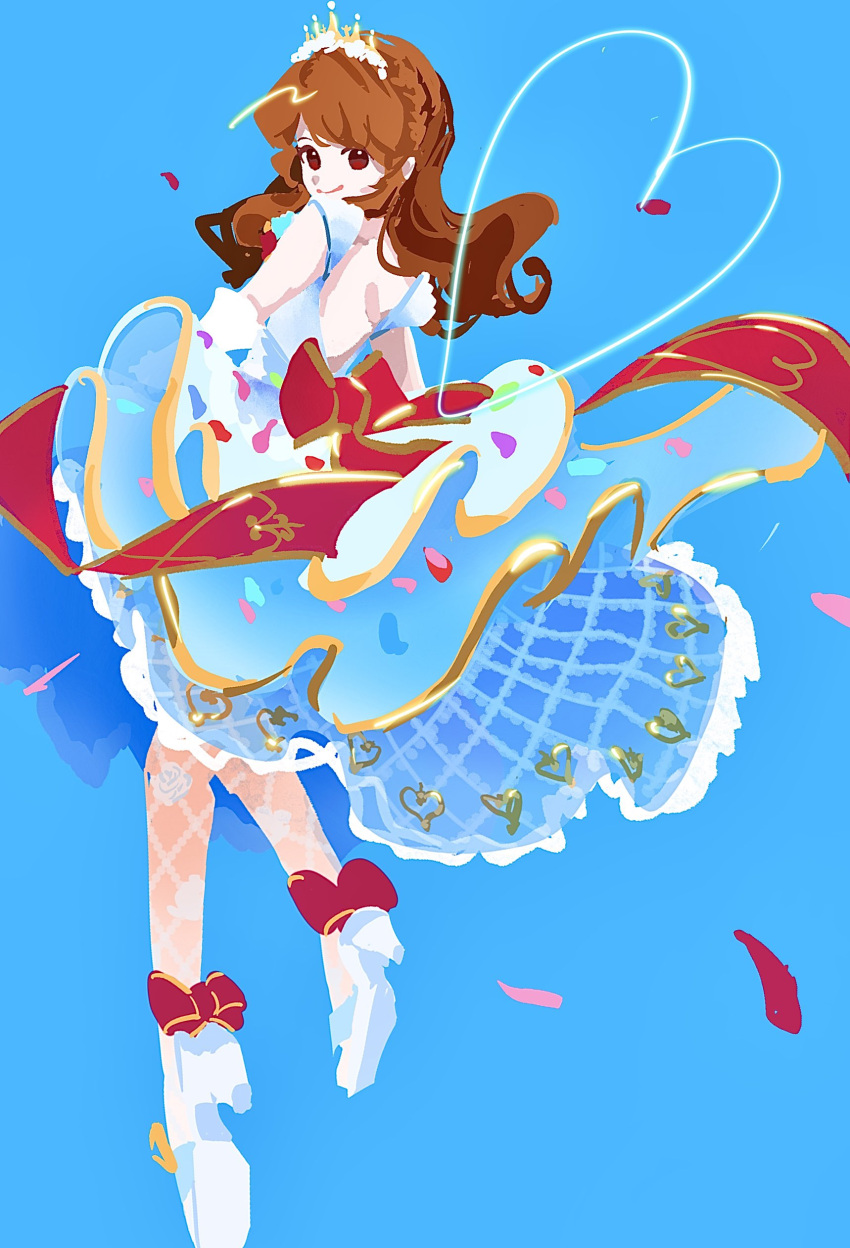 1girl, absurdres, aikatsu!, aikatsu!_(series), blue_background, blue_dress, brown_eyes, brown_hair