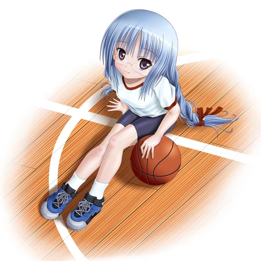 basketball_court, bike_shorts, blue_hair, braid, glasses, gym_uniform, long_hair, glasses
