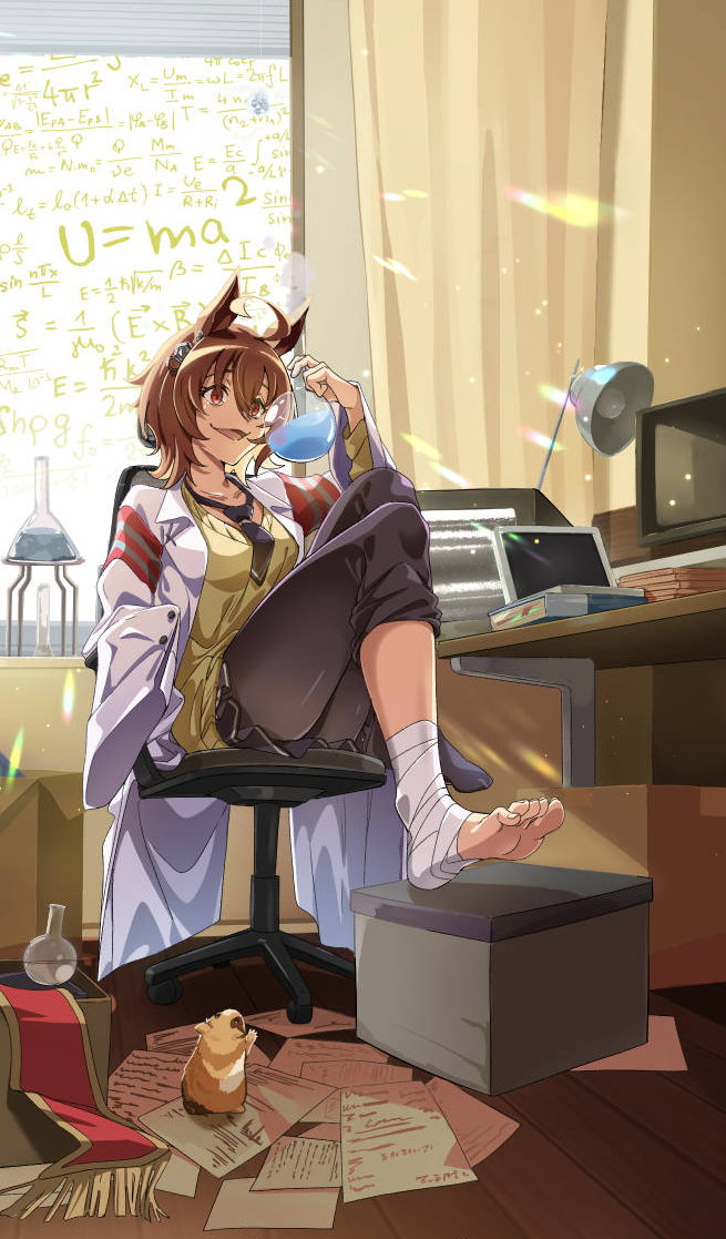 1girl, agnes_tachyon_(tach-nology)_(umamusume), agnes_tachyon_(umamusume), ahoge, animal_ears, bandaged_foot, bandages, black_necktie