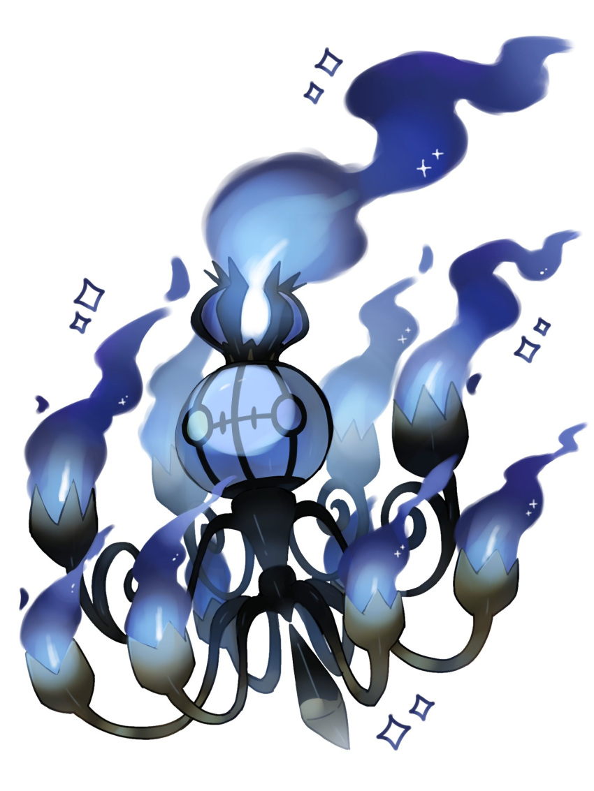 chandelure, commentary_request, fire, full_body, highres, looking_at_viewer, mega_chandelure, mega_pokemon, no_humans, pokemon, pokemon_(creature), pokemon_focus, purple_fire, simple_background, solo, violet_eyes, yellow_eyes, zlvpaew4ca12653