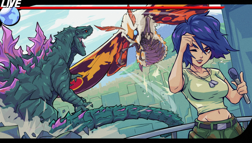 1girl, absurdres, arm_up, battle, belt, black_belt, blue_hair, camouflage
