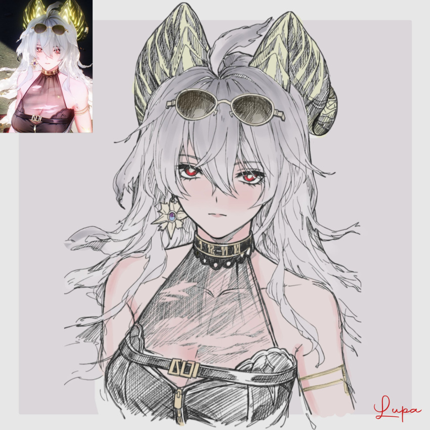 1girl, ahoge, artist_name, black_horns, breasts, closed_mouth, curled_horns, dress, earrings, from_above, grey_background, grey_hair, hair_between_eyes, highres, horns, jewelry, large_breasts, long_hair, looking_at_viewer, official_alternate_costume, red_eyes, redrawn, scarletlupa, simple_background, solo, sun_earrings, sunglasses, sweater, sweater_dress, two-tone_background, white_background, wuthering_waves, zani_(downtown_repose)_(wuthering_waves), zani_(wuthering_waves)