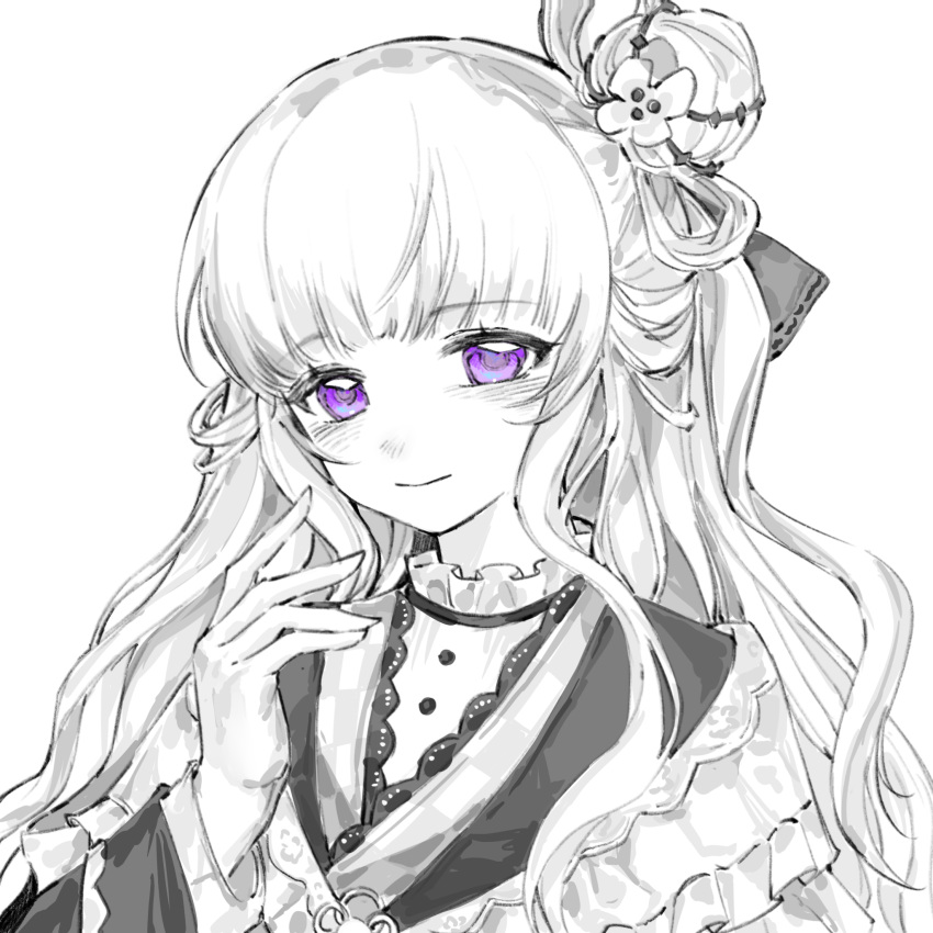 1girl, artist_request, blunt_bangs, chinese_commentary, closed_mouth, commentary_request, commission, flower