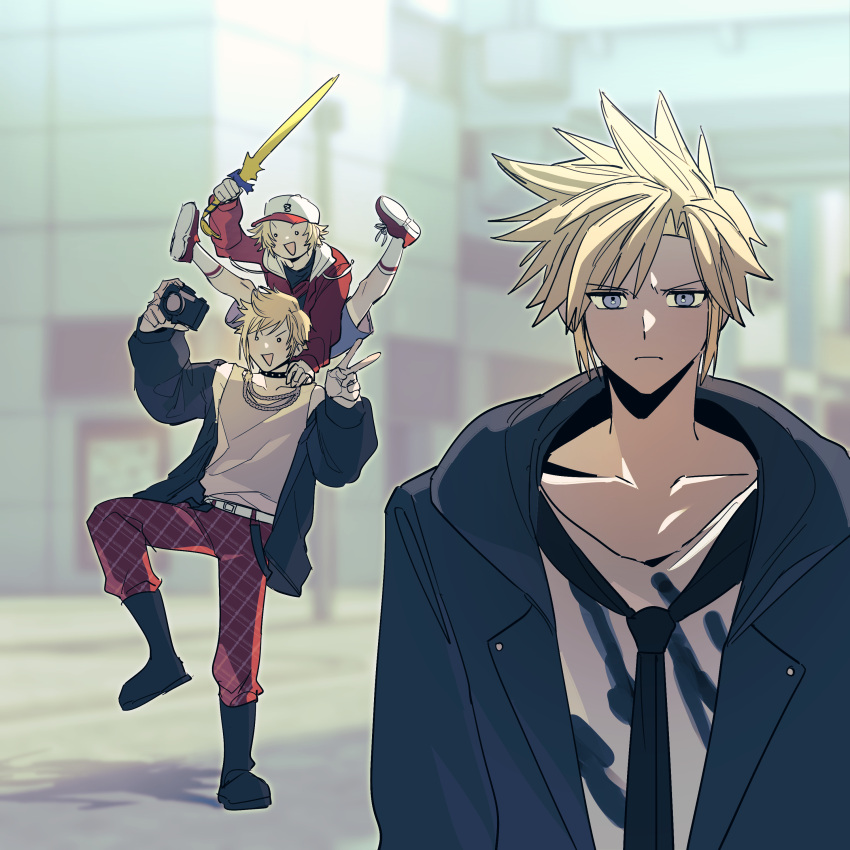 3boys, absurdres, baseball_cap, black_boots, black_coat, black_jacket, black_necktie, blonde_hair