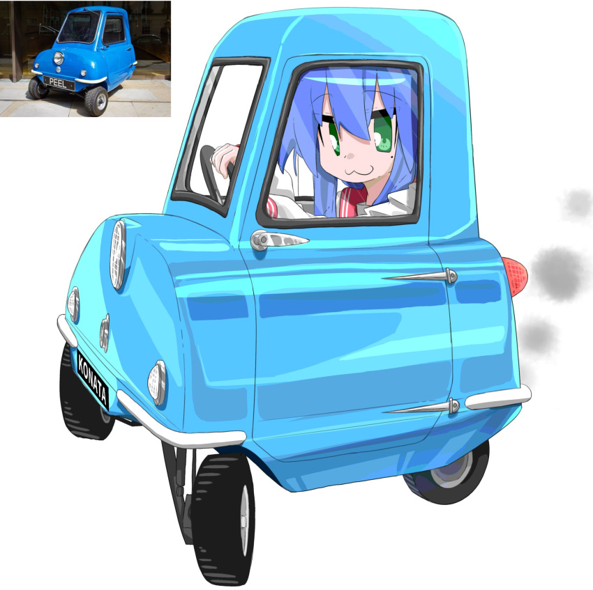 1girl, :3, blue_car, blue_hair, car, commentary, driving, english_commentary, green_eyes, highres, izumi_konata, looking_at_viewer, lucky_star, motor_vehicle, papyopyo, peel_p50, photo_inset, red_sailor_collar, reference_inset, sailor_collar, shirt, simple_background, smoke, solo, vehicle_focus, white_background, white_shirt