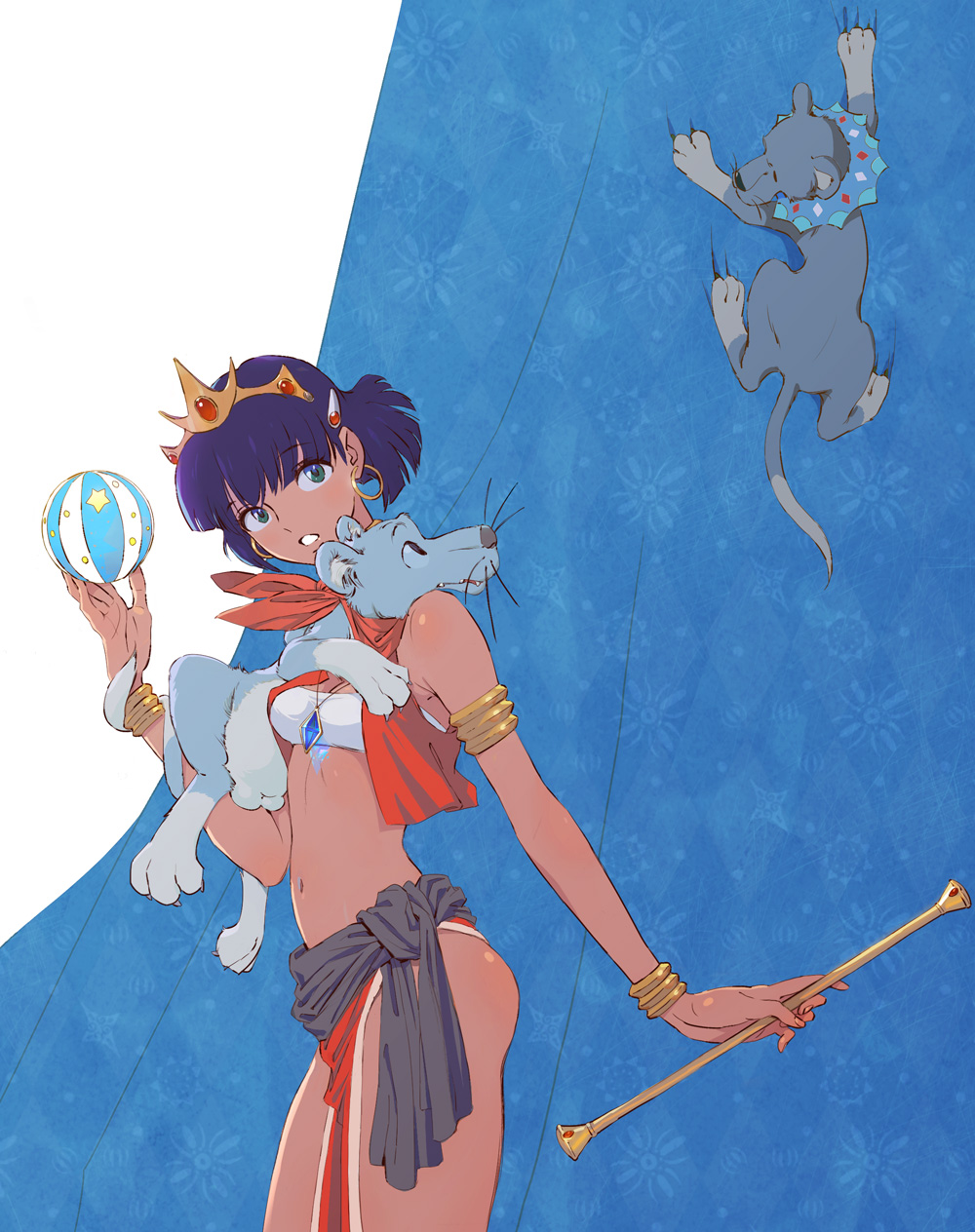 ball, bandeau, bangle, bare_shoulders, baton, blue_hair, bracelet, circus