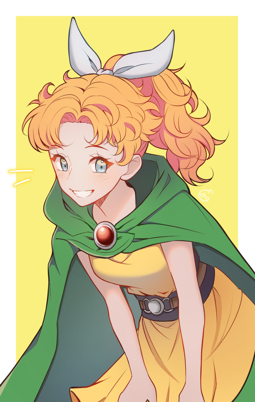 1girl, absurdres, bare_arms, belt, blonde_hair, blue_eyes, blush, border, bow, cape, dragon_quest, dragon_quest_ii, dress, echoneechan, english_commentary, feet_out_of_frame, green_cape, grin, hair_bow, high_ponytail, highres, leaning_forward, long_hair, looking_at_viewer, parted_lips, ponytail, princess_of_samantoria, smile, solo, white_border, white_bow, yellow_background, yellow_dress
