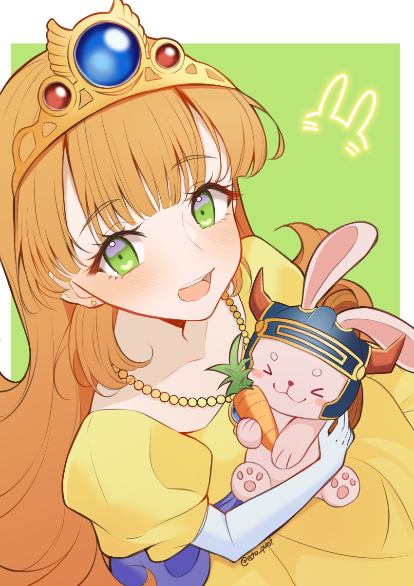 1girl, absurdres, animal, bead_necklace, beads, blue_helmet, blush, border, carrot, cosplay, dragon_quest, dragon_quest_i, dress, easter, echoneechan, elbow_gloves, english_commentary, feet_out_of_frame, from_above, gloves, green_background, green_eyes, helmet, hero_(dq1), hero_(dq1)_(cosplay), highres, holding, holding_carrot, jewelry, long_hair, looking_at_viewer, necklace, open_mouth, orange_hair, pink_rabbit, princess_laura, puffy_short_sleeves, puffy_sleeves, rabbit, sash, short_sleeves, tiara, white_border, white_gloves, yellow_dress