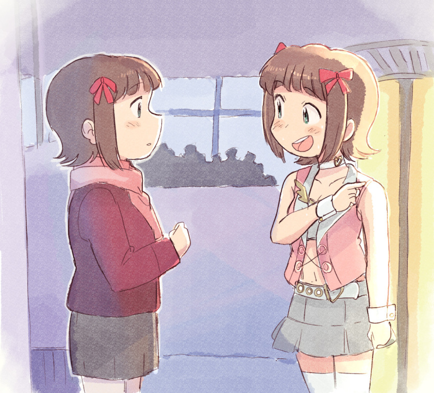 2girls, amami_haruka, bow, brown_hair, choker, dual_persona, eye_contact, green_eyes