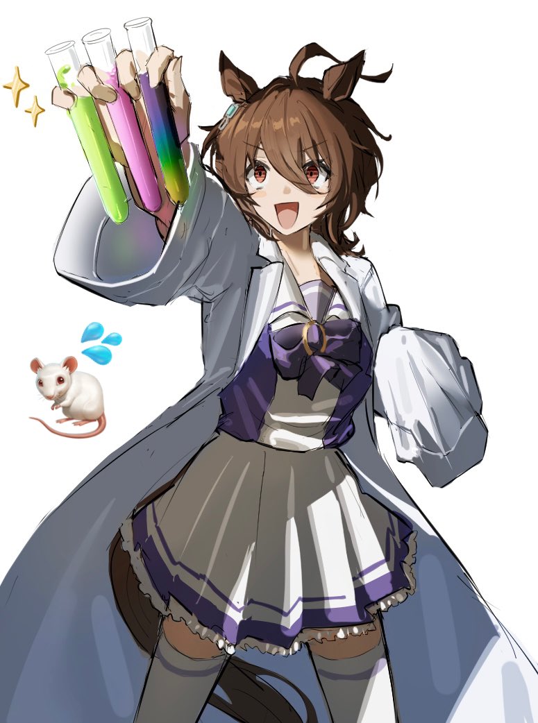 1girl, agnes_tachyon_(umamusume), ahoge, animal_ears, blush, bow, bowtie, brown_hair, earrings, emoji_inset, flying_sweatdrops, hair_between_eyes, holding, holding_test_tube, horse_ears, horse_girl, horse_tail, jewelry, lab_coat, long_sleeves, medium_hair, mouse_(animal), open_mouth, pleated_skirt, purple_bow, purple_bowtie, purple_shirt, red_eyes, sailor_collar, sailor_shirt, school_uniform, shirt, single_earring, skirt, sleeves_past_fingers, sleeves_past_wrists, smile, solo, sxxx_ja, tail, test_tube, thigh-highs, tracen_school_uniform, umamusume, white_sailor_collar, white_skirt, white_thighhighs, wolf_cut