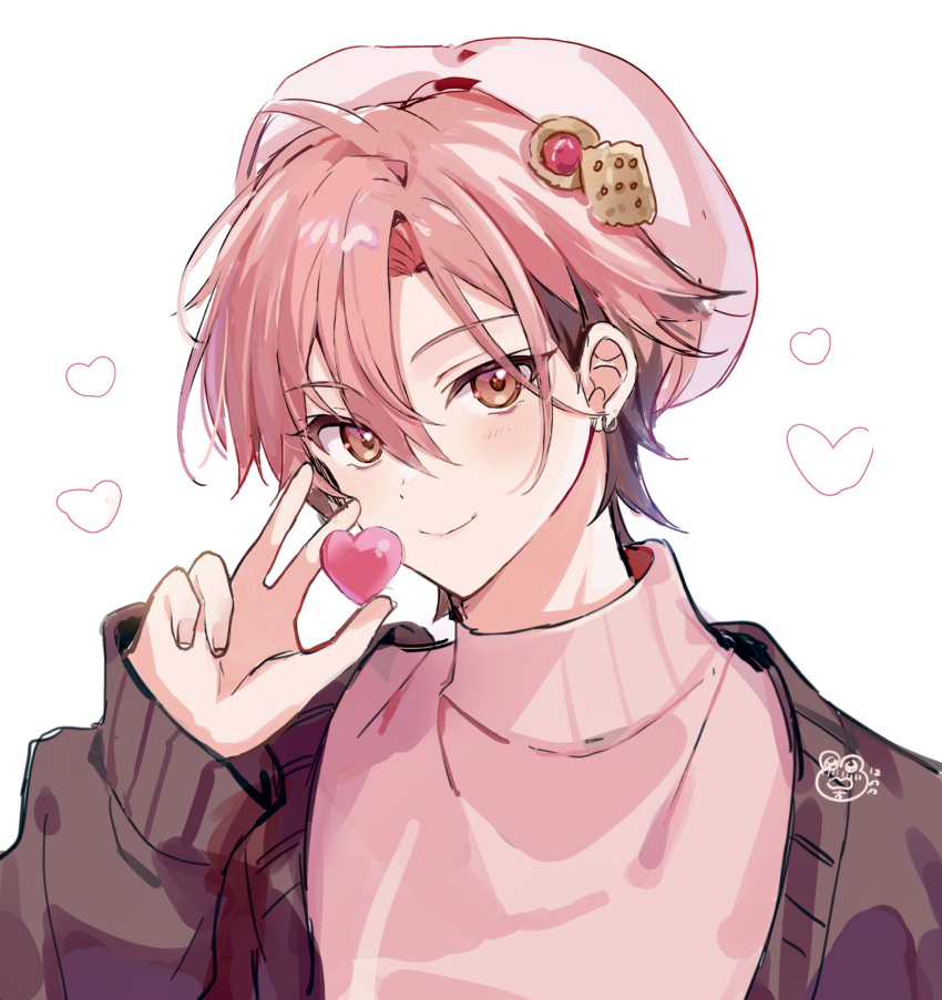 1boy, beret, brown_cardigan, brown_eyes, brown_hair, cardigan, closed_mouth, commentary_request