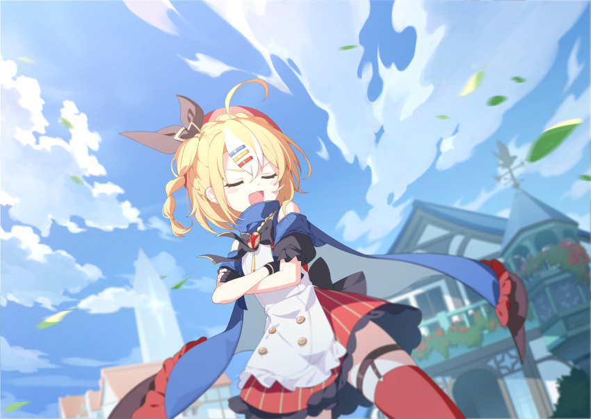 :d, ahoge, blue_cape, braid, cape, closed_eyes, crown_braid, donna_(stella_sora), dress, hair_ornament, hair_ribbon, hairclip, hat, highres, monolith_(stella_sora), multicolored_hair, official_art, open_mouth, orange_hair, parallel_hairclips, ribbon, skirt, smile, stella_sora, streaked_hair, third-party_source, white_hair