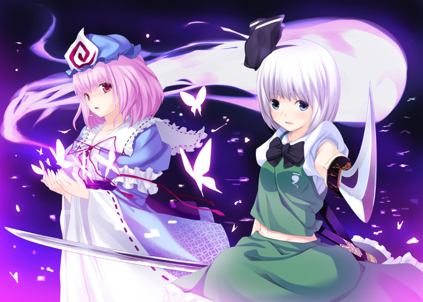 2girls, blue_eyes, blush, breasts, butterfly, ghost, hairband, hat