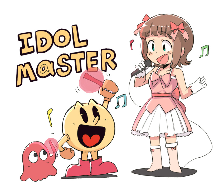 1girl, amami_haruka, beamed_eighth_notes, blinky_(pac-man), bow, brown_hair, copyright_name, crossover