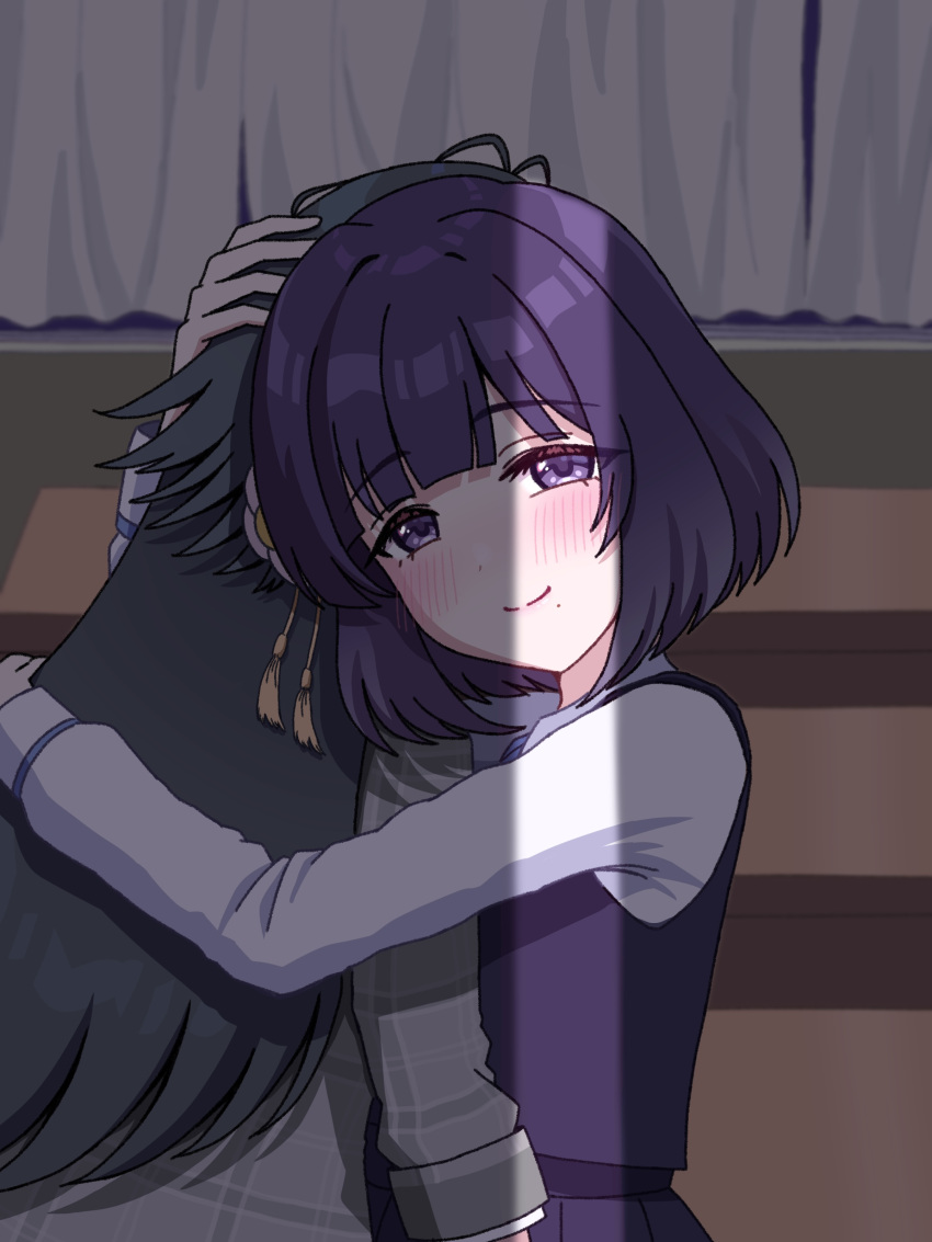 2girls, absurdres, blunt_bangs, blush, coat, commentary_request, crack_of_light, dress_shirt