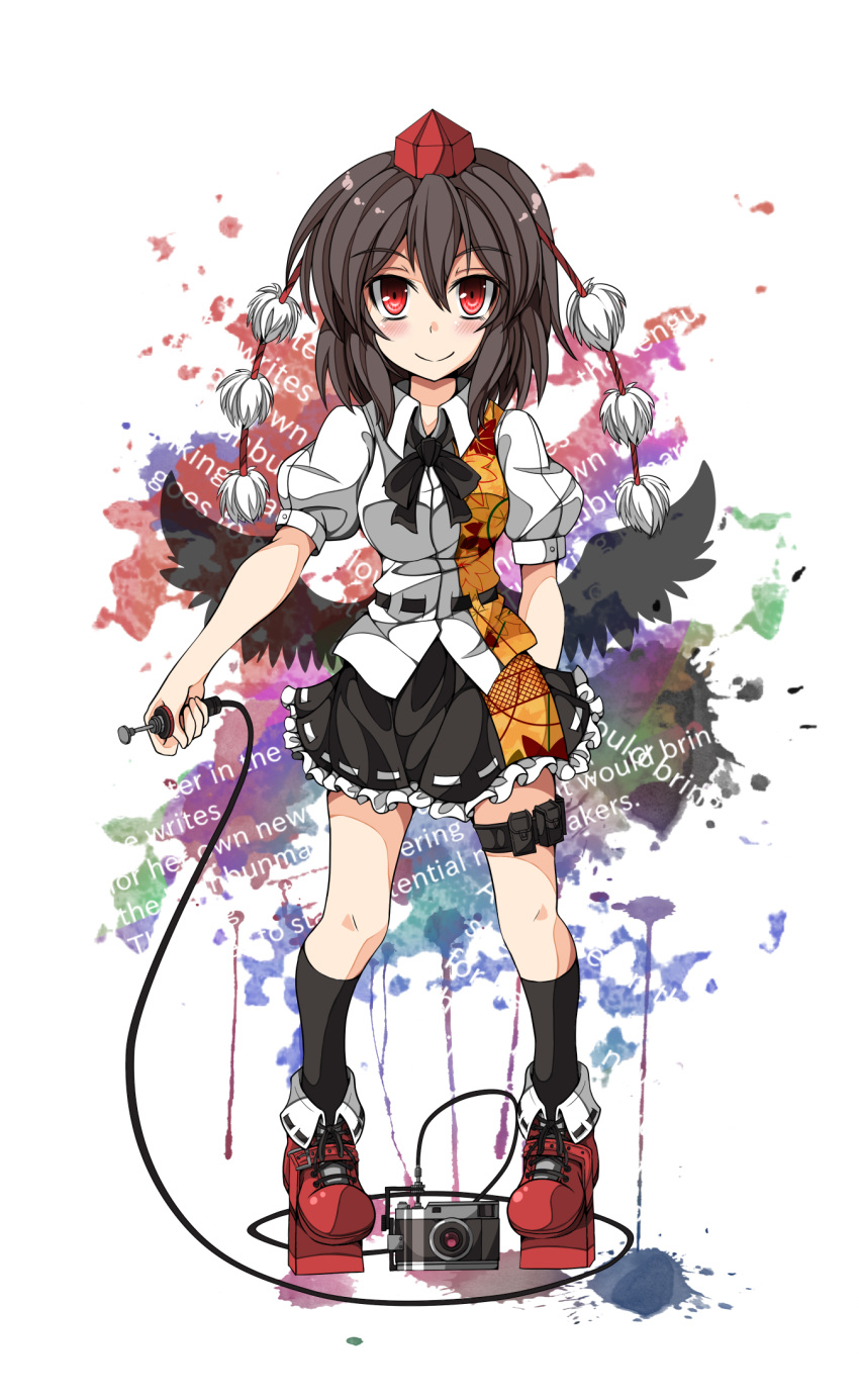 black_wings, blush, brown_hair, camera, geta, hat, highres, low_wings