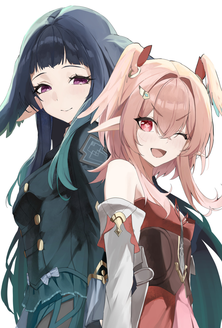 2girls, absurdres, black_hair, breasts, celaeno_(genshin_impact), commentary_request, crossed_bangs, genshin_impact