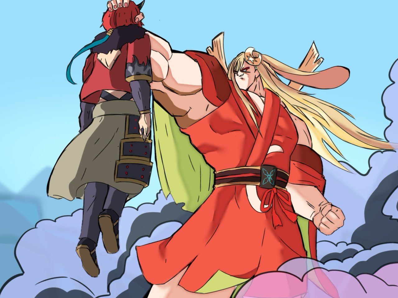 1boy, 1girl, animal_ears, back_cutout, bare_shoulders, blonde_hair, blue_hair, broly_(dragon_ball_z)