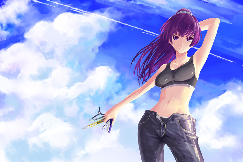 armpits, bakemonogatari, boxcutter, breasts, cloud, collarbone, compasses, long_hair