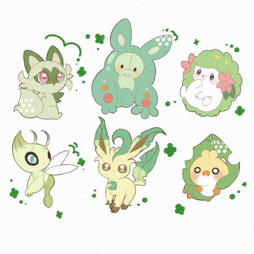 antenna_hair, black_eyes, blush, brown_eyes, celebi, commentary, fangs, green_eyes, highres, jira_077, leafeon, no_humans, open_mouth, pink_eyes, pokemon, pokemon_(creature), pokemon_focus, reuniclus, sewaddle, shaymin, shaymin_(land), simple_background, smile, sprigatito, untranslatable_commentary, wings