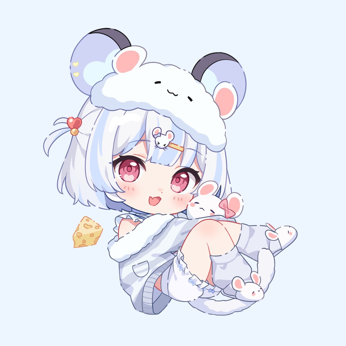 1girl, animal_ears, cheese, chibi, dot_nose, fang, food, hair_ornament