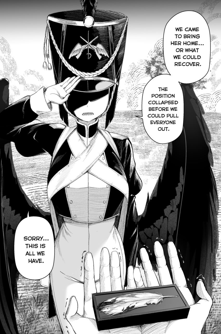 1girl, black_feathers, blood, blush, clover_dot_(clov_erd), english_text, epaulettes, feathered_wings