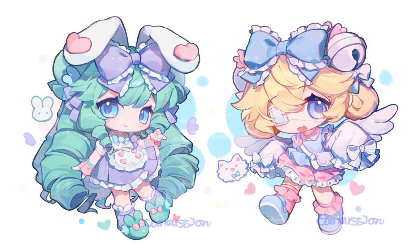 animal_ears, apron, bag, bell, blonde_hair, blue_eyes, bow, curly_hair, cutesu_(character), eyepatch, frills, green_hair, hair_bell, hair_bow, hair_ornament, heart, highres, looking_at_viewer, mary_janes, medical_eyepatch, miruku_(cutesu), nitrogen_owo, rabbit, rabbit_ears, shoes, smile, violet_eyes