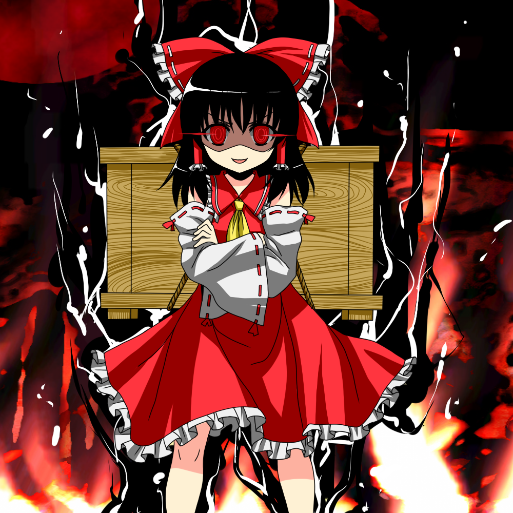 ascot, backpack, bag, black_hair, bow, box, crazy_eyes, crazy_smile