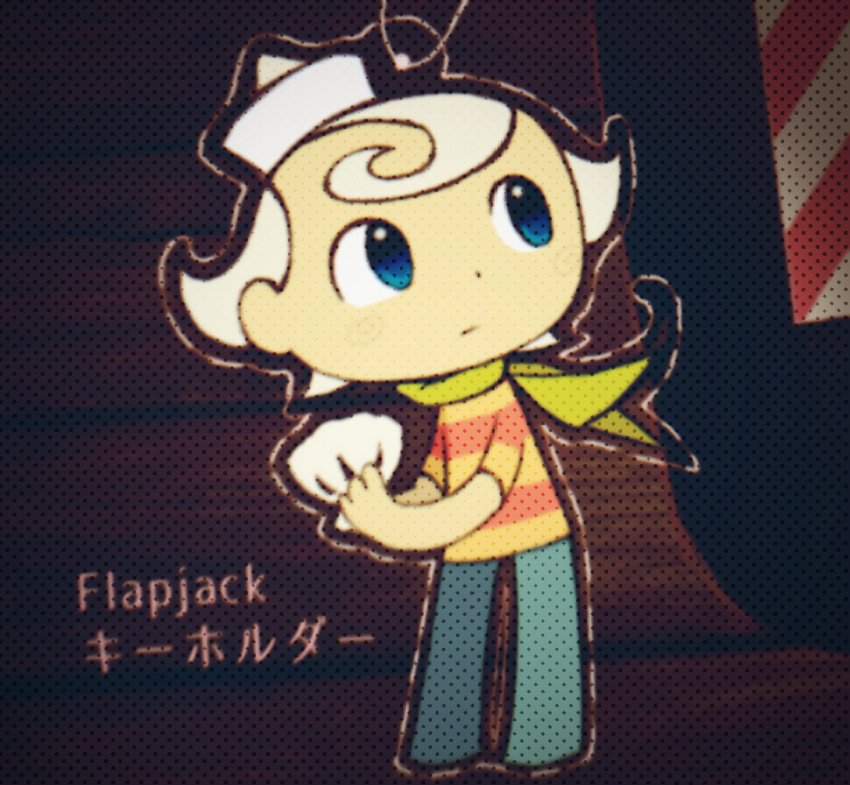 1boy, blonde_hair, blue_eyes, blue_pants, blue_shoes, brown_background, character_charm, character_name