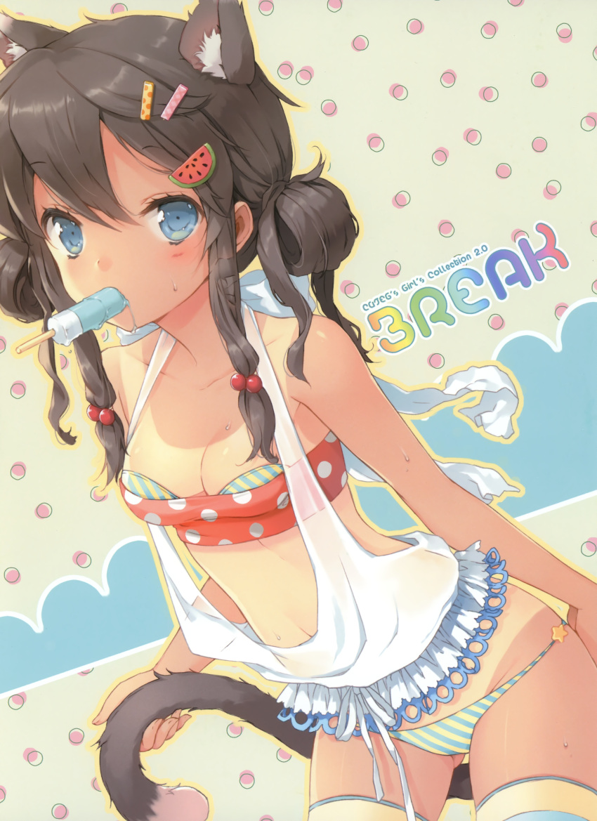 absurdres, animal_ears, bikini, blue_eyes, breasts, cat_ears, cat_tail, cleavage
