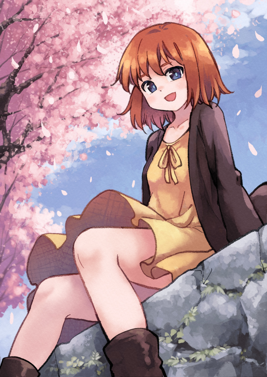 1girl, :d, akatsuki_miho, akemiho_tabi_nikki, black_cardigan, blue_eyes, blue_sky, blush