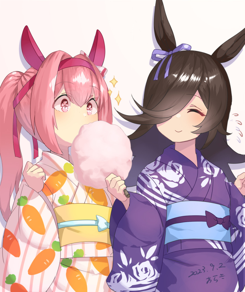 2girls, animal_ears, araki_(qbthgry), blush, bow, brown_hair, carrot_print, closed_eyes