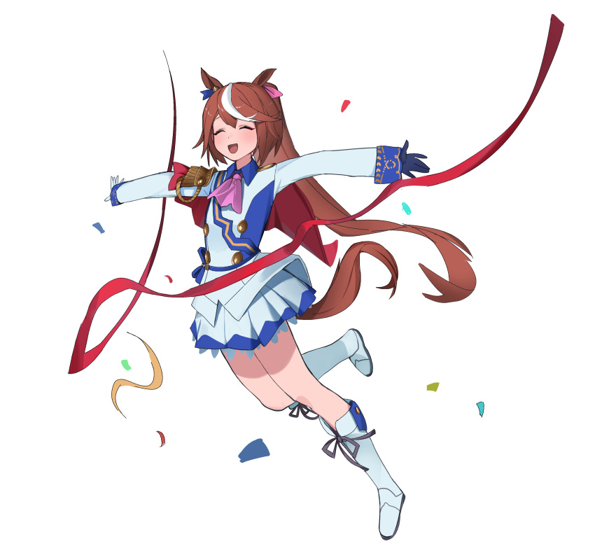 1girl, ^_^, absurdres, animal_ears, ascot, asymmetrical_gloves, blue_gloves, boots