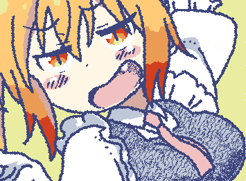 1girl, arm_up, blush_stickers, breasts, collared_dress, dress, elbow_gloves, frilled_dress, frills, gloves, half-closed_eyes, jaggy_lines, jitome, kobayashi-san_chi_no_maidragon, large_breasts, looking_at_viewer, lowres, maid, multicolored_hair, necktie, open_mouth, orange_eyes, orange_hair, pinafore_dress, puffy_short_sleeves, puffy_sleeves, red_hair, red_necktie, short_sleeves, sleeveless, sleeveless_dress, slit_pupils, solo, square-end_necktie, streaked_hair, tohru_(maidragon), toshill2, two-tone_hair, white_dress, white_gloves, yellow_background