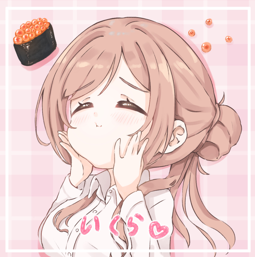 1girl, ^_^, blush, closed_eyes, commentary_request, dress_shirt, fish_(food), food, gakuen_idolmaster, gunkanmaki, hands_on_own_cheeks, hands_on_own_face, heart, highres, himesaki_rinami, idolmaster, ikura_(food), pink_background, plaid_background, shirt, smile, solo, sushi, upper_body, white_shirt, yod