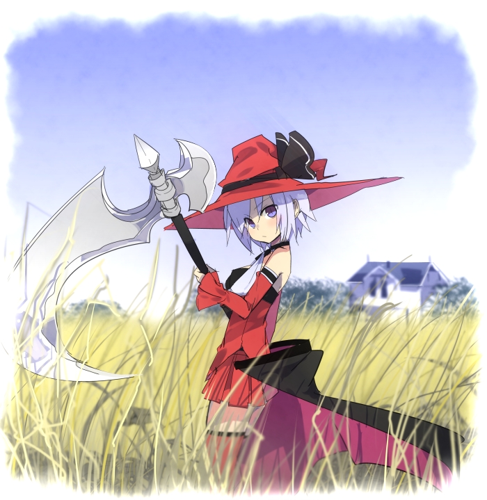 blue_eyes, boots, bow, field, hat, lavender_hair, looking_at_viewer, original