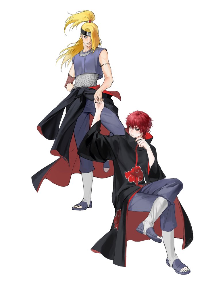 2boys, akatsuki_uniform, asymmetrical_bangs, black_nails, blonde_hair, blue_eyes, crop_top, deidara_(naruto), doll_joints, eyeliner, fishnet_top, fishnets, forehead_protector, gggdqp3mq, green_nails, grey_shirt, grin, high_ponytail, holding_hands, joints, long_hair, makeup, male_focus, multiple_boys, naruto_(series), naruto_shippuuden, parted_lips, ponytail, red_eyes, red_hair, sandals, sasori_(naruto), shirt, short_hair, sitting, smile, standing, stitches, white_background