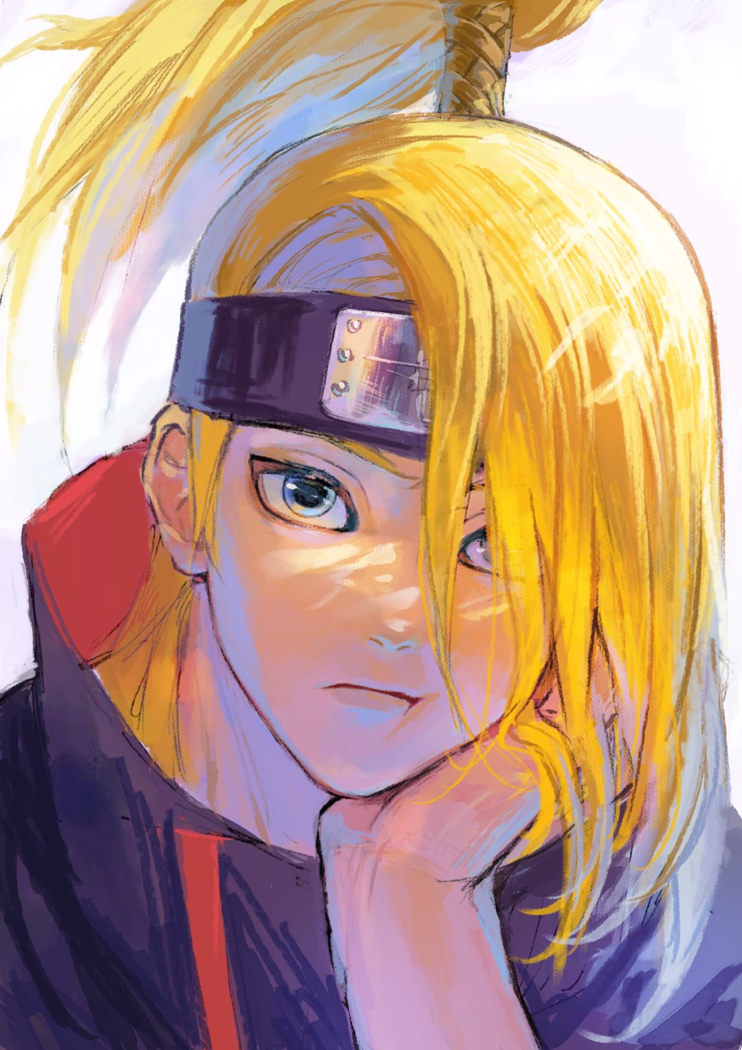 1boy, akatsuki_uniform, asymmetrical_bangs, blonde_hair, blue_eyes, deidara_(naruto), eyeliner, forehead_protector, gggdqp3mq, hand_on_own_cheek, hand_on_own_face, high_ponytail, highres, long_hair, looking_at_viewer, makeup, male_focus, naruto_(series), naruto_shippuuden, ponytail, robe, simple_background, solo, white_background